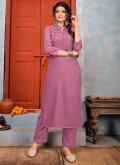 Daily Wear Pink Heavy Rayon Embroidery Work Kurti With Pant