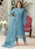 Sky Blue Embroidery Work Net Pakistani Suit