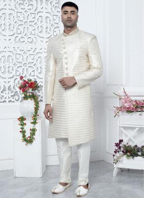 Cream Computer Thread Work Wedding Wear Art Silk Mens Sherwani