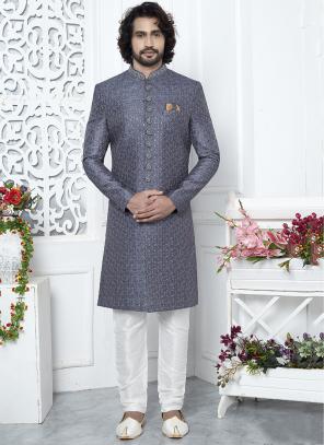Grey Computer Thread Work Wedding Wear Art Silk Mens Sherwani