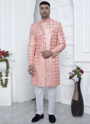 Peach Computer Thread Work Wedding Wear Art Silk Mens Sherwani
