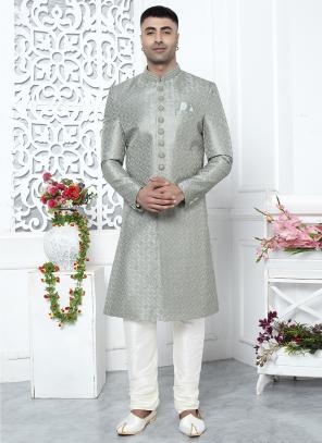 Pista Green Computer Thread Work Wedding Wear Art Silk Mens Sherwani