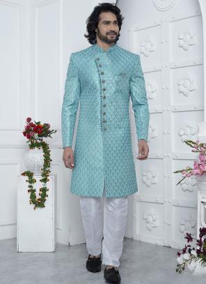 Sky Blue Computer Thread Work Wedding Wear Art Silk Mens Sherwani