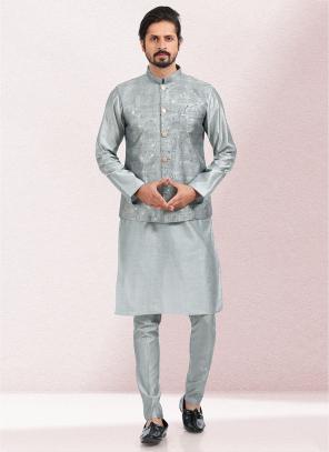 Grey Thread Work Banarasi Silk Kurta Pajama With Jacket