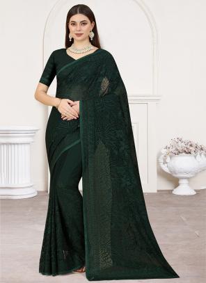 Dark Green Georgette Woven Zari Traditional Saree, Saree | Georgette sarees,  Trendy sarees, Saree