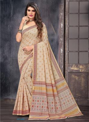 Beige Colour Designer Party Wear Printed Cotton Saree – Fashionfy