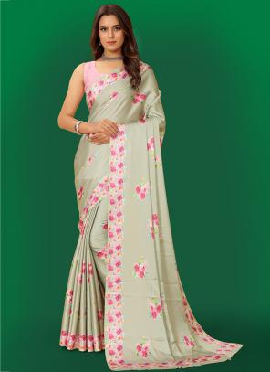 White And Taffy Pink Floral Pattern Liquid Organza Saree With Satin Bo –  Fabcurate