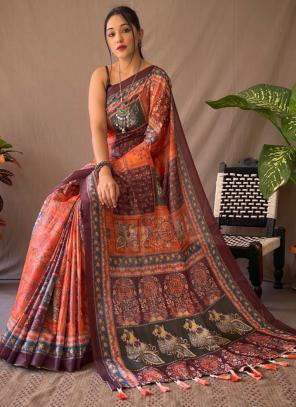 Blue kalamkari linen saree - Roots Tale