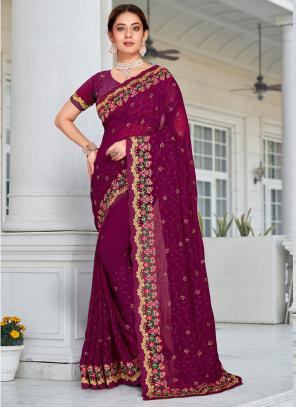 Appealing Weaving Work Georgette Saree In Wine Color