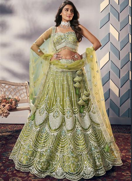 Embroidered Chinnon Chiffon Layered Lehenga in Olive Green : LYC2315