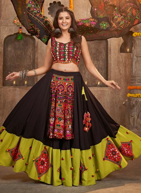 Navaratri Special Green Butter Silk Digital Printed Lehenga Choli