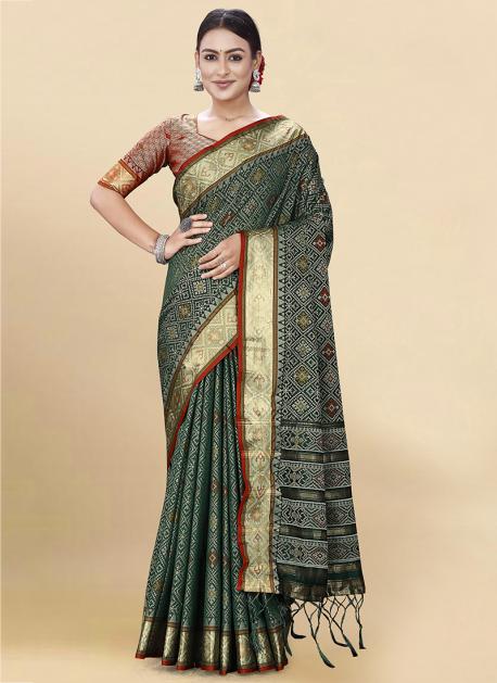 Stylish Green Soft Silk Saree with Unique Red Blouse