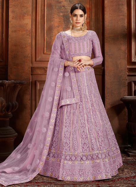 Decent Bridal Wear Purple Net Thread Work Lehenga Choli 139181