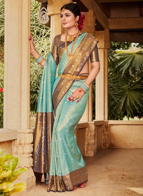 Bright blue woven kanjivaram saree with blouse - Karagiri - 3230252