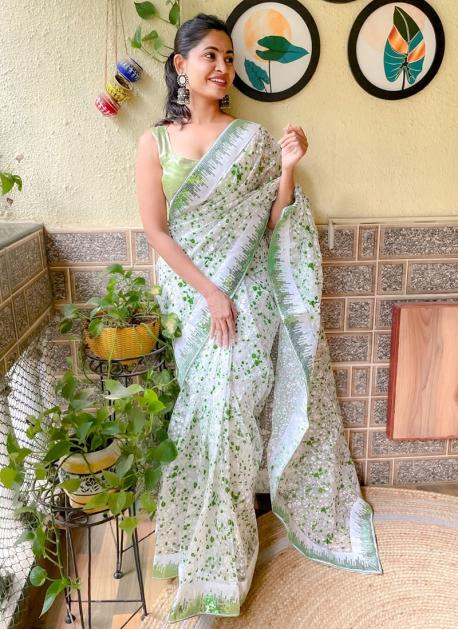 Organza Saree with blouse in Light green colour 5245C | Organza saree, Art  silk sarees, Organza silk saree