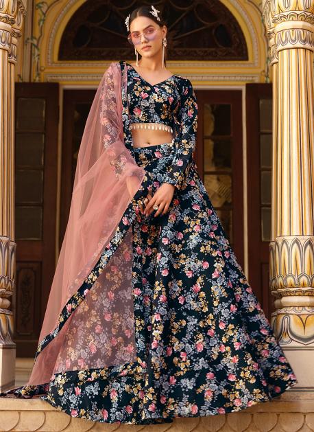 Heavy Embroidery Work Green Crushed Lehenga