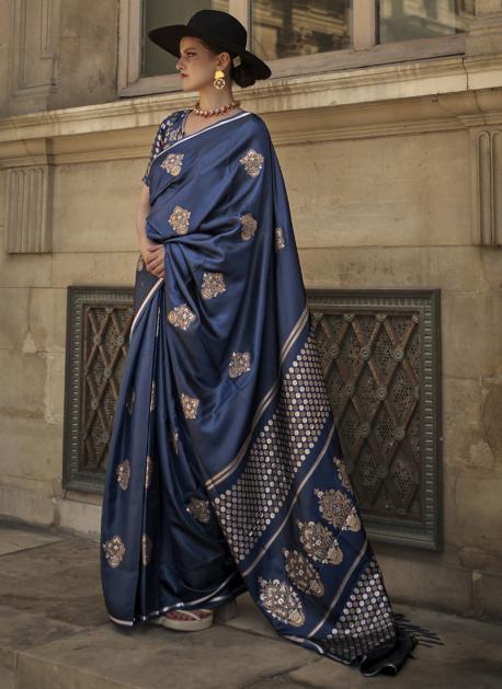 Satin Silk Designer Saree in Navy Blue