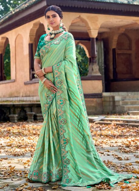 Pista Green Georgette Heavy Sequence Work Saree With Blouse