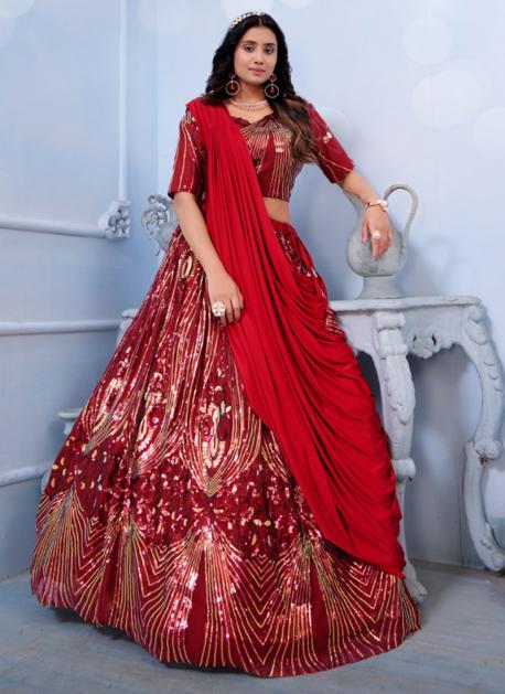 Red Sequins Work Lycra Readymade Lehenga Choli For Ring Ceremony 170905