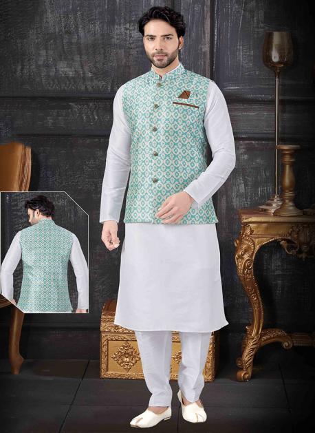 Embroidered Dupion Silk Kurta Set in Off White and Navy Blue : MNB847