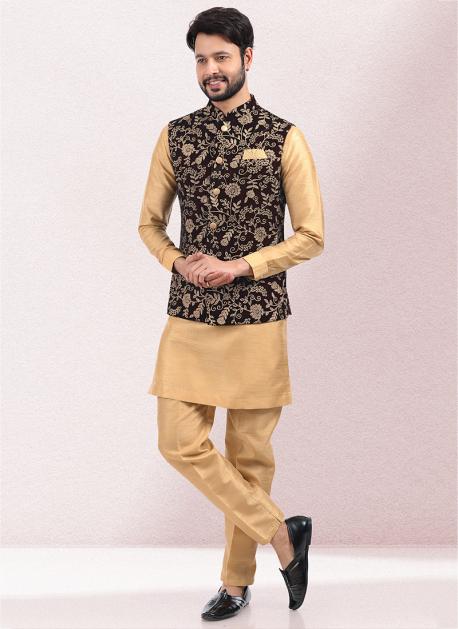 Wine Printed Bundi Jacket With Kurta Set