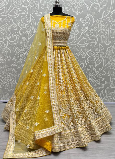 Buy Yellow Dupatta Organza Embroidered Mirror V Work Bridal Lehenga Set For  Women by Archana Jaju Online at Aza Fashions.
