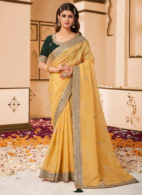 Poly Georgette Yellow Saree With blouse