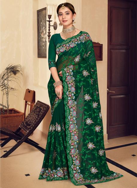 RE - Bottle Green Coloured Sequence Work Designer Saree