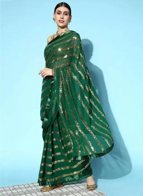 Online Fashion Boutiques Sequins Embroidered Georgette Bottle Green Saree |SARV115609