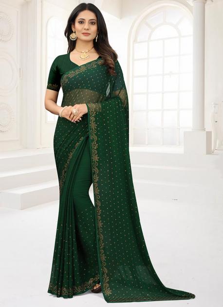 Buy Bottle Green Chiffon Saree With Swarovski Stone Embellishments And  Satin Border KALKI Fashion India