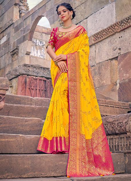 Lemon Yellow Color Saree With Dark Green Brocade Blouse Banarasi Beaut –  garment villa