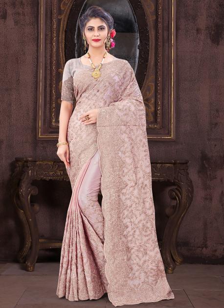 engagement wear light pink chinnon silk resham work saree 161200