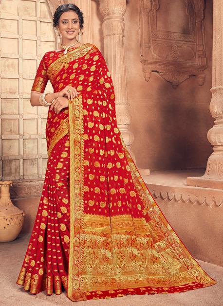 Heavy Designer Zari Embroidery Work Red Colour Partywear Saree - KSM PRINTS  - 4159865