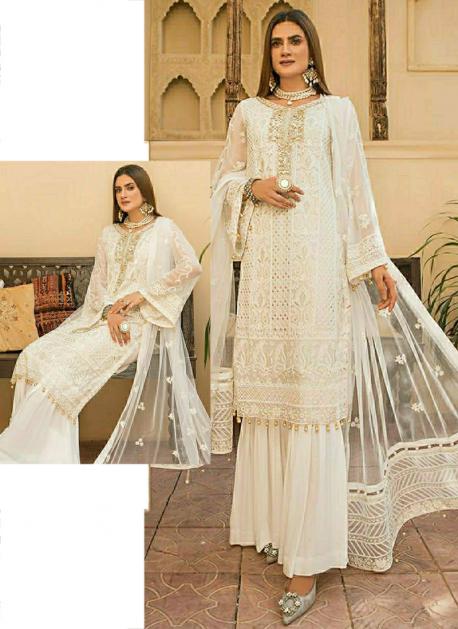 Cream Festive Wear Floral Embroidered Work Soft Net Pakistani Suit