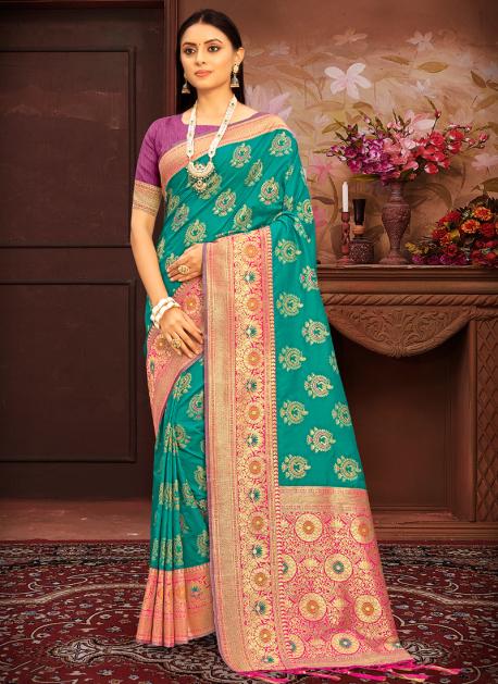 Buy INDIAN CULTURE WOMEN'S BANARASI COTTON SILK FIROZI COLOUR SAREE.  (KOHINOOR FIROZI) at Amazon.in