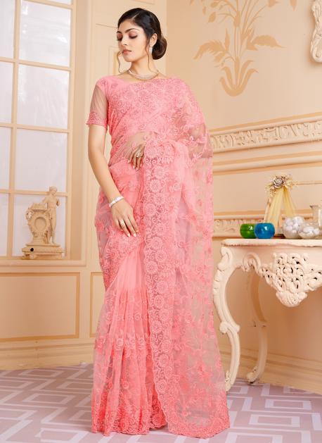 Saree Discount Online, Gajri Silk Embroidered Saree, Sweet Heart Neck