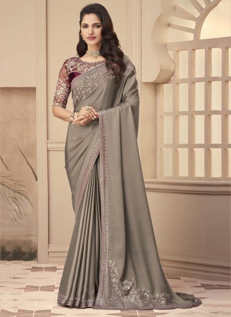 Buy Grey Embroidery Work Silk Modern Saree Online