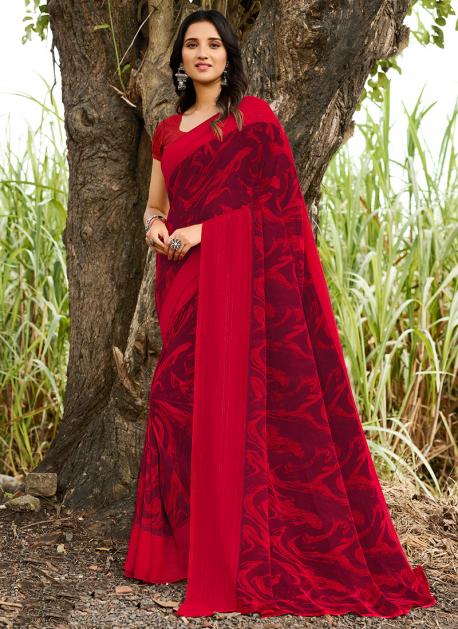 Red Printed Blouse With Pink Pant Saree – Estie Couture