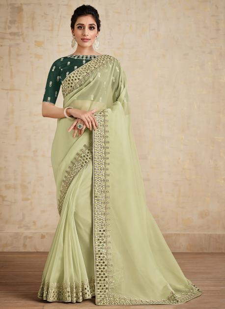 Lemon Green Sequence Embroidery Work Saree