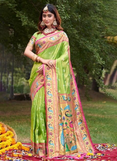 South Paithani Pink with Green Border and Floral Buttis | Silk saree blouse  designs patterns, Green blouse designs, Cotton saree designs