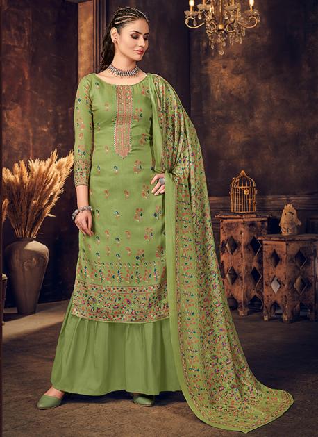 Green Color Embroidered Plazzo Suit