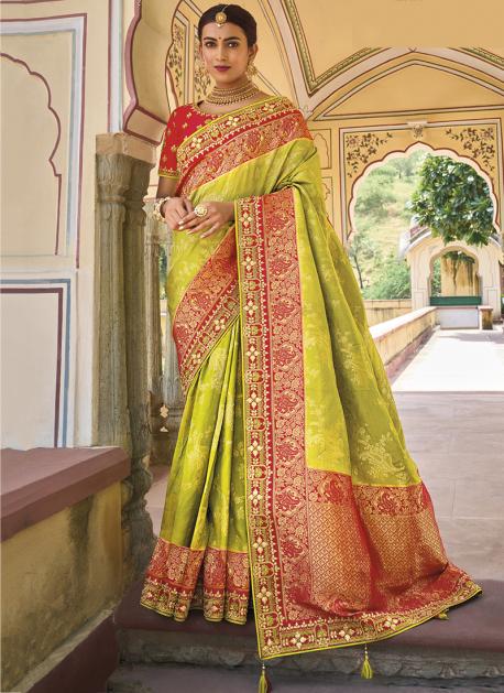 Shop Online Light Green Tussar Silk Saree With Floral And Foliage Woven  Designs Collection at Soch India