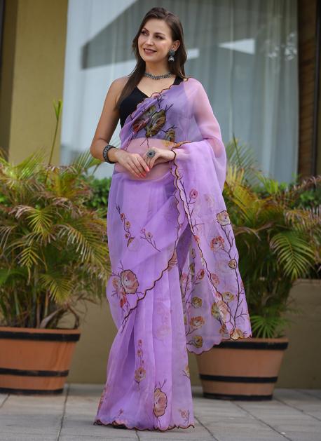 Organza Saree in Pink Color with Resam Embroidery Work and Blouse in USA,  UK, Malaysia, South Africa, Dubai, Singapore