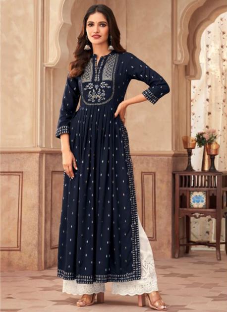 Breathable Designer Wear Blue Colour Kurti With Golden Embroidery And Half  Sleeves With Blue Colour Pant at Best Price in Hyderabad | Saai Creations