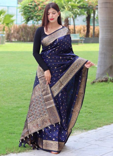 Buy Navy Blue Zari Weaving Soft Silk Saree Online