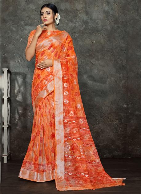 Buy Orange Printed Kunjan Pure Linen Handloom Saree With Unstitched Blouse  For Women by Kasturi Kundal Online at Aza Fashions.