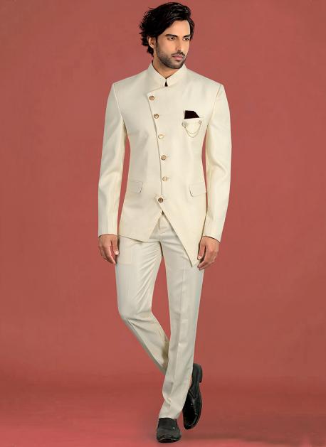 Cream Jacquard Engagement Jodhpuri Suit -