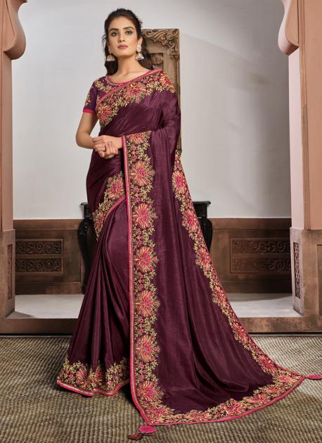 Georgette Wine Color Saree With Sequins Work -- Miraamall - USA UK Canada