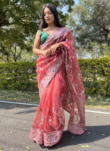 Organza Net With Gota-Patti Work Baby-Pink Sarees