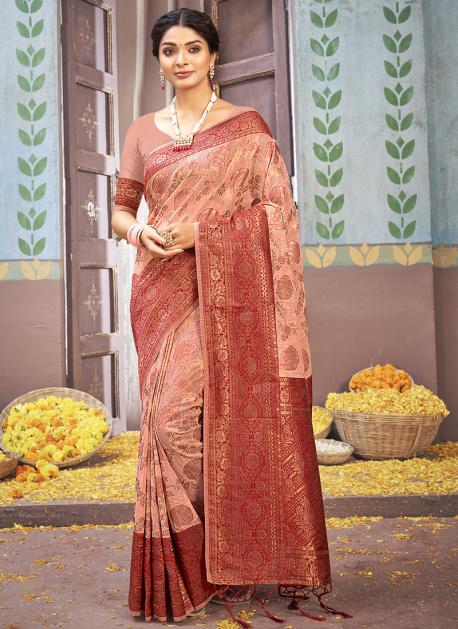 Woven Border Cotton Saree in Peach : SKGA1773